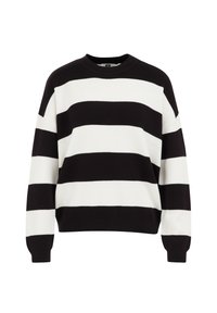 Maglione a strisce bianche e nere con scollatura rotonda, maniche lunghe e polsini a coste. Realizzato in materiale morbido con una vestibilità comoda.