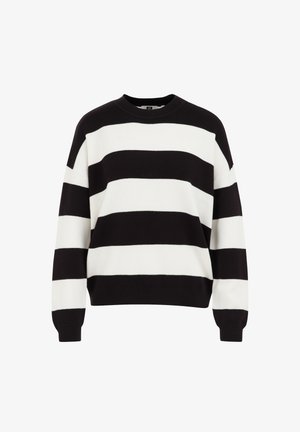 Črna in bela stripasta pulover s krojnim izrezom, dolgimi rokavi in rebrastimi manšeti. Narejen iz mehkega materiala z udobnim prilegajočim krojem.