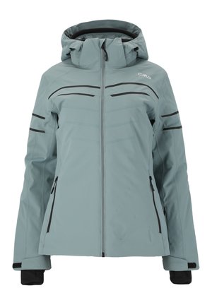 Lys blå vandtæt jakke med lynlås foran, justerbar hætte og sorte detaljer. Har flere lynlåslommer og elastiske manchetter.