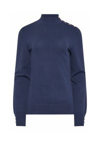 Marineblauer Pullover mit hohem Kragen, gerippten Ärmelbündchen und Knöpfen an den Schultern. Aus weichem, strukturiertem Material mit taillierter Passform.