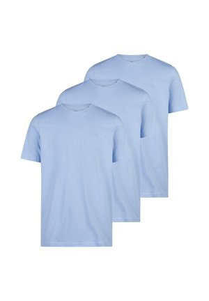 Drei schlichte, hellblaue T-Shirts mit kurzen Ärmeln und Rundhalsausschnitt, ohne sichtbare Logos oder Muster, übereinandergestapelt.