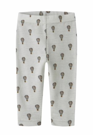 Leggings enfant gris clair avec petits motifs répétitifs de montgolfières aux couleurs atténuées, taille élastique, coupe droite.