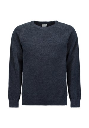 Navyblauwe gebreide trui met lange mouwen, ronde hals, geribbelde manchetten en zoom. Zachte textuur met een subtiel gemêleerd patroon over de stof.