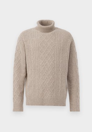 Beige Rollkragenpullover aus strukturiertem Strickstoff, mit einem gerippten Kragen und Rautenmuster in Zopfmuster auf der Vorderseite.
