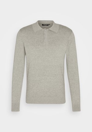 Long-sleeve light gray polo shirt made of soft fabric, featuring a three-button placket and ribbed cuffs, with a classic collar design.