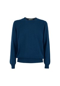 Niebieski sweter z okrągłym dekoltem, wykonany z miękkiego materiału. Posiada długie rękawy i ściągacz u dołu. Prosty design bez wzorów i elementów ozdobnych.