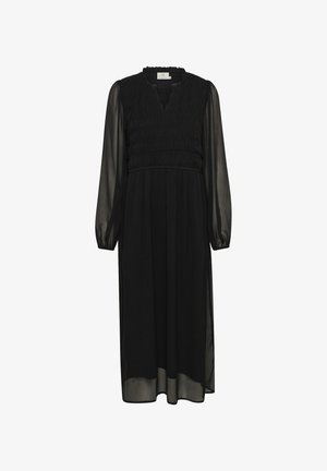 Sort langærmet kjole med en smocket bærestykke og V-halsudskæring. Det lette, flydende stof skaber en blød silhuet med gennemsigtige ærmer.