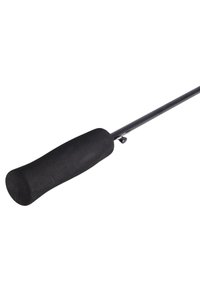 Zwarte hengelgrip met een ergonomische, zachte textuur. Slanke, rechte metalen hengel met een enkele bevestigingspunt en zonder zichtbare patronen.