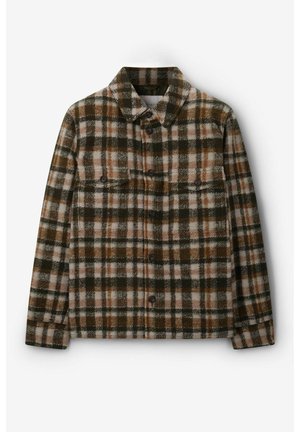 Bruine, beige en zwarte geruite jas met knopen, kraag en twee knoopsluitbare borstzakken, lange mouwen en een rechte zoom.