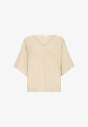 Pull beige à manches courtes et col en V, coupe ample avec ourlet côtelé, présenté sur fond blanc.