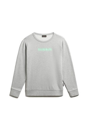 Jasnoszara bluza z okrągłym dekoltem, z prążkowanymi mankietami i dołem, z miętowozielonym logo "Napapijri geographic" na środku przodu.