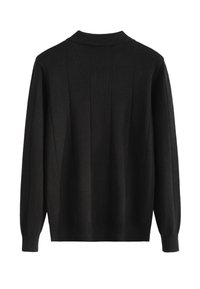 Cardigan en tricot noir avec col, présentant des détails en côtes verticales et des manches longues. Texture lisse et design classique.