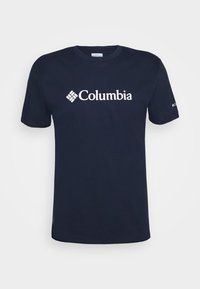 Navy blue cotton t-shirt with a round neckline and short sleeves. Features a white "Columbia" logo centered on the front.