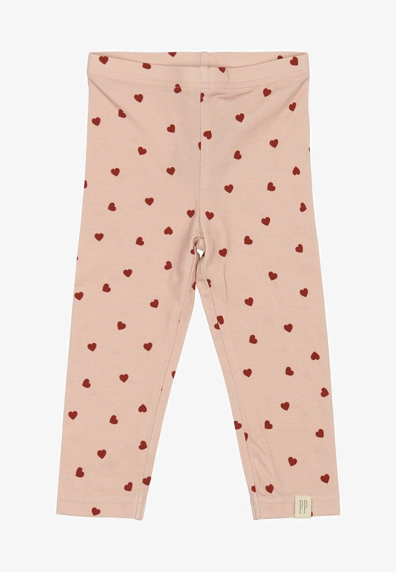 Roza legice iz mehkega materiala z ponovnim vzorcem malih rdečih src. Imajo elastičen pas in prišite robove.