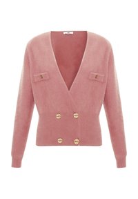 Cardigan rosa e soffice con scollatura a V profonda, davanti doppiopetto e bottoni dorati. Presenta due patte per le tasche sul petto.