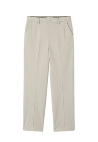 Pantalon beige en tissu lisse, avec une taille plate, deux poches latérales et une fermeture à bouton avec passants de ceinture.