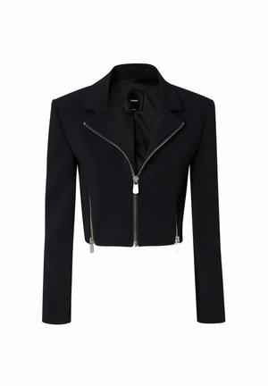 Giacca nera cropped con colletto a punta, chiusura con zip frontale e maniche lunghe. Presenta dettagli in zip tono argento.