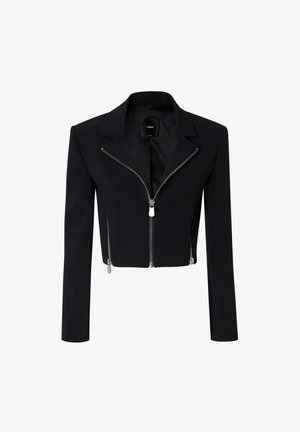 Giacca nera cropped con colletto a punta, chiusura con zip frontale e maniche lunghe. Presenta dettagli in zip tono argento.