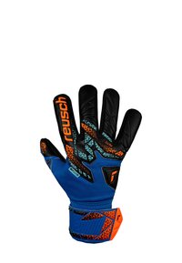 Torwart-Handschuh mit einer schwarzen Latex-Handfläche, blauem Textilkörper und orangefarbenen Akzenten. Verfügt über strukturierte Griffmuster und einen sicheren Handgelenkverschluss.