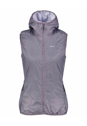 Lichtpaarse mouwloze geïsoleerde bodywarmer met capuchon, ritssluiting aan de voorkant, zijzakken en klein wit "me'ru"-logo op de borst.