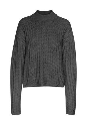 Sötét szürke kötött pulóver, magas, bordás nyakkal, hosszú ujjal és textúrás mintával az egész felületen. Rövid fazon, laza siluettel.