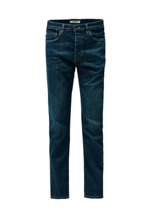 Jeans slim-fit blu scuro con cinque tasche, chiusura con bottone, cuciture visibili e un'etichetta all'interno della vita.