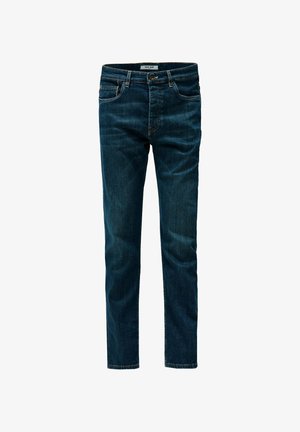 Temno modri ozeki kavbojke s petimi žepi, zapenjanjem na gumb, vidnim šivom in oznako znotraj pasu.