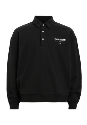 Sort pullover polo skjorte lavet af bomuldsblanding, med klassisk krave, tre-knaps lukning og hvid logo print på brystet.