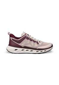 Baskets de sport rose clair et bordeaux avec une tige en mesh, semelle blanche perforée et amortie, lacets blancs, vues de profil sur fond blanc.