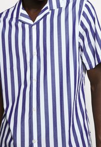 Camicia a maniche corte con strisce verticali alternate blu e bianche, caratterizzata da una texture morbida e una chiusura frontale con bottoni e colletto a lancia.