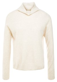 Crème-kleurige geribbelde sweater met lange mouwen, losse turtle neck kraag en een iets fitted zoom.