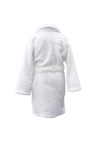 Accappatoio bianco in morbido tessuto di spugna, con colletto a scialle, maniche lunghe, cintura in vita e lunghezza fino al ginocchio. Tessuto liscio.