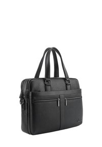 Black leather laptop bag with textured surface, dual top handles, and two front zippered pockets. Features minimalist design and durable hardware.
