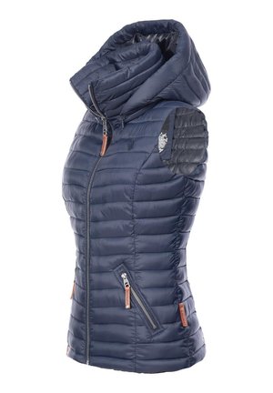 Navyblauwe puffer vest met een hoge kraag, ritssluiting aan de voorkant en twee met rits afsluitbare zakken. Beschikt over gewatteerde schouderaccenten en stikdetails.