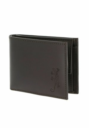 Dunkelbraune Lederbrieftasche mit genähten Kanten und einem kleinen geprägten Echsendesign an der vorderen Ecke, teilweise geöffnet, um das Innere zu zeigen.