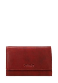 Red leather wallet with a smooth texture, rectangular shape, and a magnetic snap closure; features embossed "VENEZIA" logo on the front.