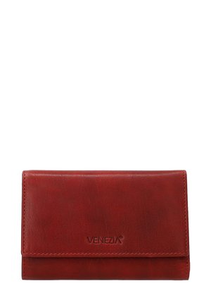 Red leather wallet with a smooth texture, rectangular shape, and a magnetic snap closure; features embossed "VENEZIA" logo on the front.