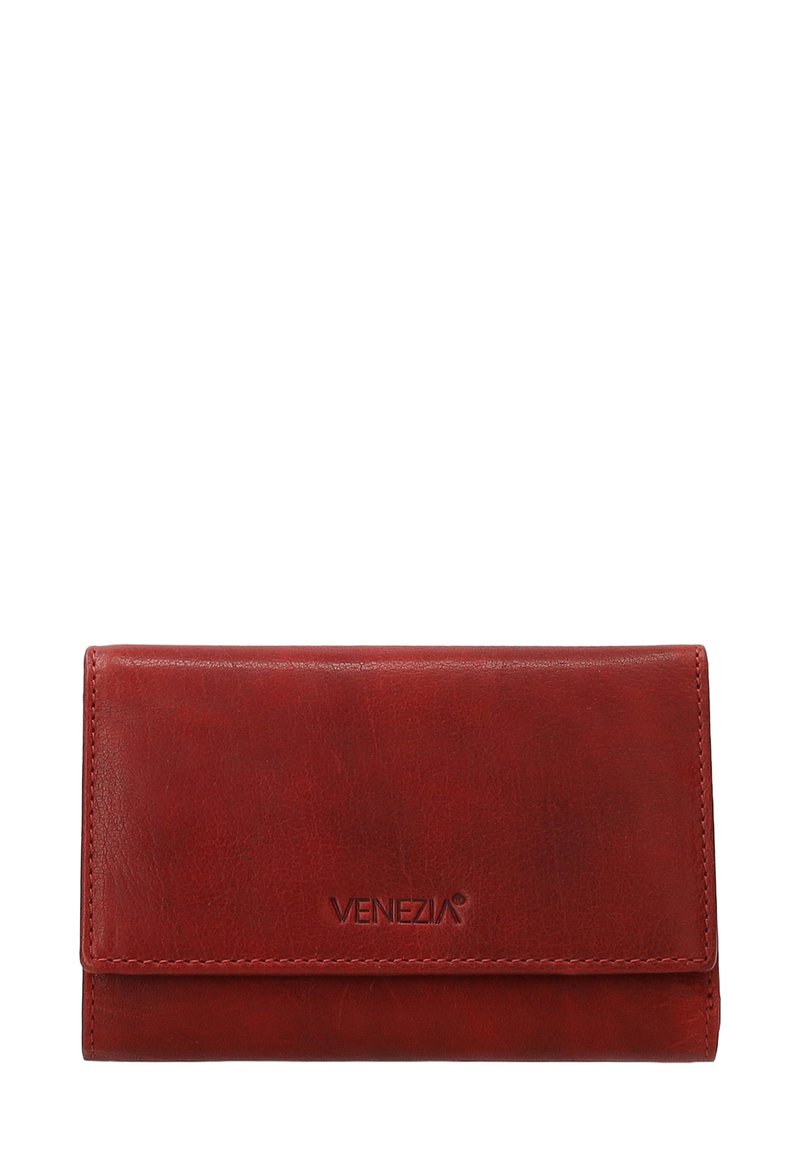 Red leather wallet with a smooth texture, rectangular shape, and a magnetic snap closure; features embossed "VENEZIA" logo on the front.