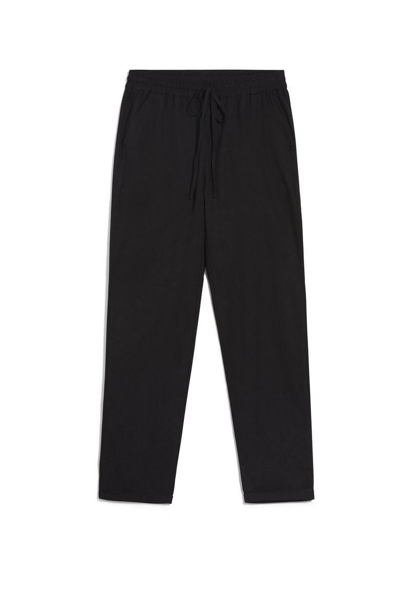 Schwarze Hose aus einem weichen, dehnbaren Stoff. Mit einem elastischen Bund und einem Kordelzug sowie seitlichen Taschen. Gerade geschnitten.