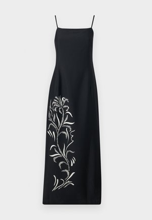 Schwarzes Kleid mit dünnen Trägern, ausgestattet mit einem weißen floral gestickten Design auf einer Seite, glattem Stoff und gerader Silhouette.