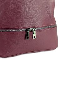 Bordeauxleren tas met een gestructureerde oppervlakte, voorzien van een zilveren rits en metalen trekknoppen aan de voorkant voor een veilige sluiting.