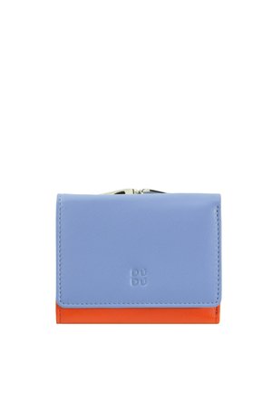 Compact wallet in light blue and orange leather with silver clasp and embossed brand logo on front flap.