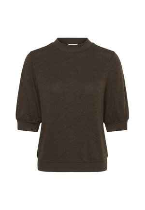 Haut marron à manches courtes avec un col rond, en tissu doux et texturé, et des manches légèrement bouffantes. Design simple et décontracté.