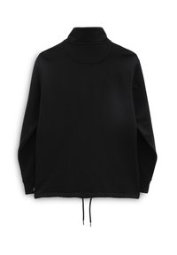 Pullover nero a maniche lunghe con colletto alto e cordini regolabili all'orlo, mostrato piatto da dietro su sfondo bianco.