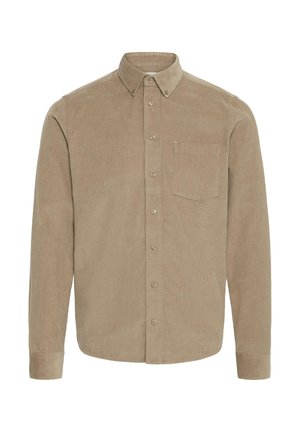 Beige cordfløyelskjorte med lange ermer, knappelukking, brystlomme og vertikal ribbetekstur. Fire knapper foran.
