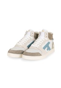 High-top sneakers featuring a white mesh body, grey and blue suede accents, flat laces, and a cushioned collar. Minimalist branding in gold.