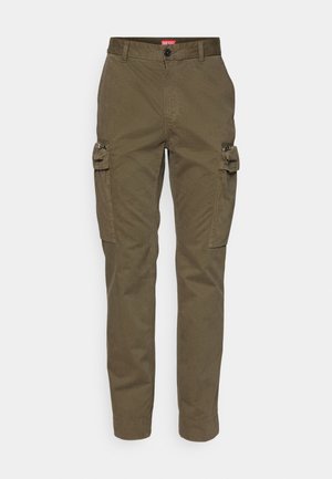 Pantaloni cargo verde oliva realizzati in twill di cotone, dotati di tasche laterali, chiusura a bottone e gambe affusolate.