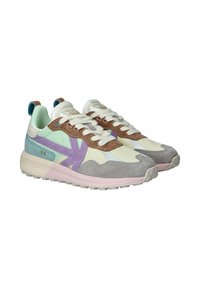 Sport shoes in mint green, cream, brown, and purple. Features textured overlays, a padded collar, and a rubber sole with pink accents.