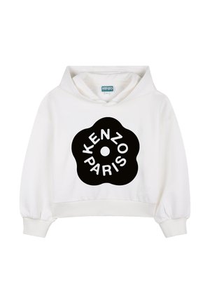 Hoodie blanc court avec un logo noir en forme de fleur contenant le texte « KENZO PARIS » en lettres blanches incurvées à l'avant.