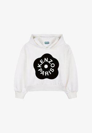 Hoodie blanc court avec un logo noir en forme de fleur contenant le texte « KENZO PARIS » en lettres blanches incurvées à l'avant.